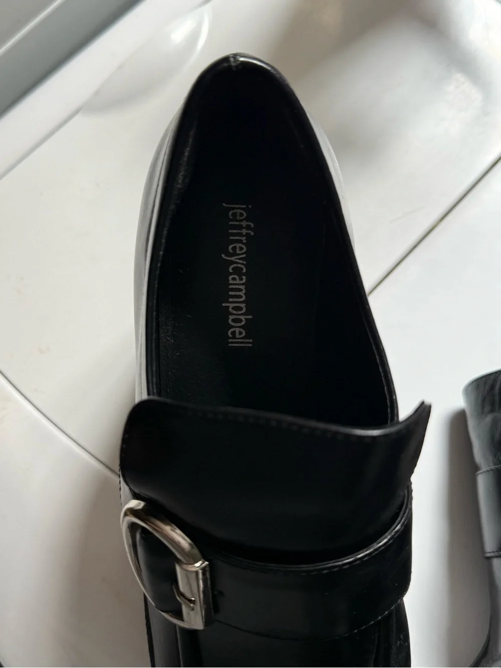 Jeffrey Campbell Black Platform Loafers with Silver Buckle